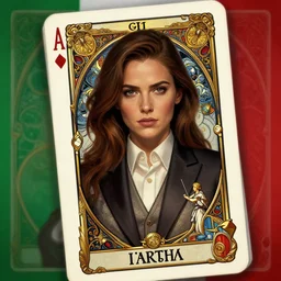 kim wexler from better call saul, wearing a suit, tarot card, deep focus, d & d, fantasy, intricate, elegant, highly detailed, digital painting, artstation, concept art, matte, sharp focus, italian flag, illustration, hearthstone, art by artgerm and greg rutkowski and alphonse mucha