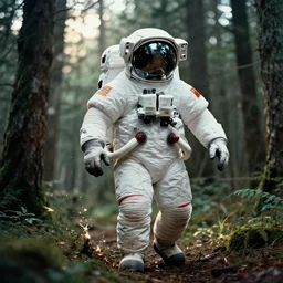 a 3 5 mm photo of a giant oversized chubby american astronaut in spacesut walking in the tiny undersized woods, splash art, movie still, bokeh, canon 5 0 mm, cinematic lighting, dramatic, film, photography, depth of field, award - winning, backlighting, overcast, 8 k, hyper detailed, 3 5 mm film grain
