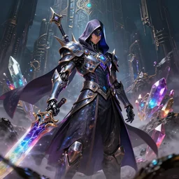 2. 5 d cgi anime fantasy artwork, hooded intricate cybernetic sorcerer warrior character, omnipotent high - quality glistening beautiful colors, rich moody atmosphere, reflections specular highlights, epic megastructure, realistic detailed background, brandishing iridescent cosmic weapons, colourful 3 d crystals, dark ominous clothing gritty smoke, makoto shinkai greg rutkowski style portrait animated animation