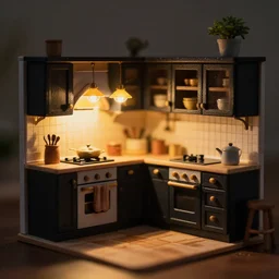 lights off, extreme dof, miniature, black wood, kitchen