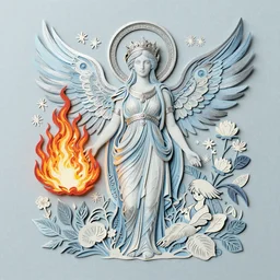 woman portrait, phoenix in fire, goddess of greek mythology, orthodox saint, amalgamation of leaves and flowers. balenciaga, intricate complexity. matte paper, cut paper texture. by Jeffrey Catherine Jones, James jean, Miho Hirano, Hayao Miyazaki, coarse gritby. Full of light-blue and silver and white layers. Exquisite detail 8K