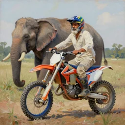 Sadhguru riding a Motocross bike besides an 🐘, masterpiece, oil on canvas, by Greg Rutkowski, 8K,