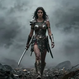 tamara duarte as the goddess of war. movie still. sinister atmospheric lighting. highly detailed, ground mist