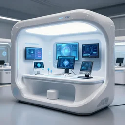 futuristic prototype of transhumanist living space with every necessity being fulfilled by a ai computer, product display ces, photograph 2 0 0 8