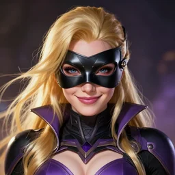 character concept portrait, symmetrical head - on centralized, dinah drake smirks, ( ( mask ) ), blond, black and purple costume. detailed, high quality, dynamic lighting, fantasy. artwork by artgerm, wlop, alex ross, greg rutknowski, alphonse mucha