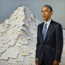 obama standing next to a mountain made of papers, oil on canvas, intricate, portrait, 8 k highly professionally detailed, hdr, cgsociety