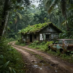 the last of us : the style of part 2, a japanese style cabin that has been forgotten for many years in the tropical rain forest, a pothole mud road extending into the rain forest, a rusty car parked outside, everything covered by vegetation. by sergey vasnev and jan urschel, matte painting, real lighting, ponding