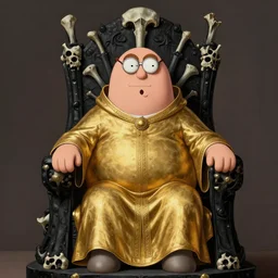 perfectly centered portrait of peter griffin in gold gothic robe sitting on a throne of black bones, highly detailed painting by gaston bussiere, craig mullins, j. c. leyendecker, 8 k, mid shot
