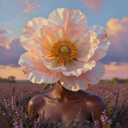 closeup, enormous flower as head, an african woman in heather field, surreal photography, golden hour, colorful clouds, impressionist painting, digital painting, artstation, simon stalenhag