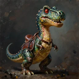 An ultra realistic portrait painting of Yoshi the Dinosaur wearing his saddle in the style of Frank Frazetta, 4k, Ultrarealistic, Highly Detailed, Dark Fantasy, Epic Lighting
