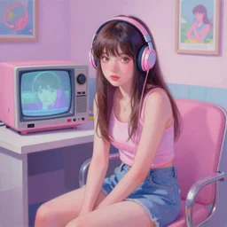 retro 9 0 s, lofi girl aesthetic of a girl in her room, pastel vaporwave colors, anime, hyperrealistic painting, by stanley twardowicz, ilya kuvshinov, rossdraws