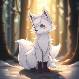 a pretty medieval anthropomorphic snow fox with a fluffy tail in the forest, comic art, trending on furaffinity, cartoon, kawaii, backlighting, furry art!!!, radiant light, bokeh, trending on artstation, digital art
