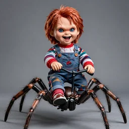 screaming chucky doll riding a giant spider