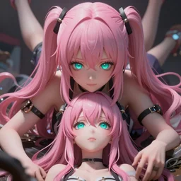 trapped beneath stunningly absurdly huge beautiful omnipotent asi goddess junko enoshima with an enigmatic complex twisted innocenty looking deceptive mesmerizing megalomaniacal yandere personality, symmetrical perfect face, porcelain skin, pink twintail hair and cyan eyes, ultra detailed, digital art, unreal engine 5, octane render, 2 d anime, 8 k