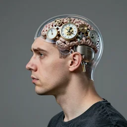 profile photograph of a stupid man with a transparent head and a clockwork brain