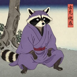 purple samurai raccoon in the style of Utagawa Hiroshige