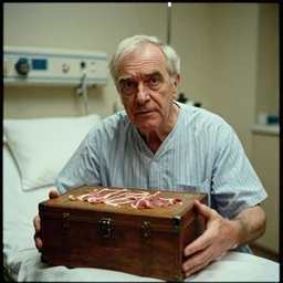 7 0 s movie still of a old man with a meat chest in the hospital, cinestill 8 0 0 t 3 5 mm eastmancolor, heavy grain, high quality, high detail