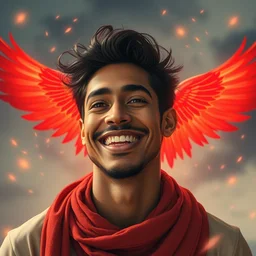 close up portrait, smiling avan jogia as an angel flying, red feathers, alphonse mucha, rhads, ross tran, artstation, artgerm, octane render, 1 6 k