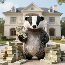 anthropomorphic badger billionaire posing with his massive stacks of money in his beautiful mansion, realistic photo, rich kids of instagram