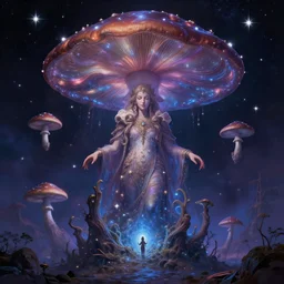 enormous mushroom deity of the stars resides inside void manifold, portrait by ross tran, timeline nexus, ascending universes, a dnd illustration of esoteric concept by cgsociety and james gurney, artstation, hdr, rtx