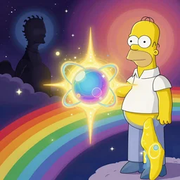 dawn of creation ; first atom ; beings of light and darkness ; ethereal plane. vibrant rainbow colors. homer simpson. illustrated by maurice sendak ; stephen gammell ; junji ito ; dr seuss ; tsutomu nihei ; keith thompson ; graham ingels