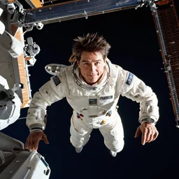 Photograph of Tom Cruise floating in zero gravity while visiting the International space station, His head hair is floating messily in the zero gravity