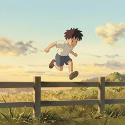 A kid jumping over a wooden fence at golden hour in a plain grass field, by Makoto Shinkai and thomas kinkade, digital painting, Matte painting, trending on artstation and unreal engine, in the style of Calvin and Hobbes