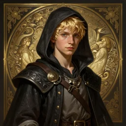 an epic fantasy comic book style portrait painting of a young over confident blonde boy wearing plain thief clothes, d & d, fantasy, intricate, elegant, highly detailed, digital painting, artstation, concept art, matte, sharp focus, illustration, art by artgerm and greg rutkowski and alphonse mucha