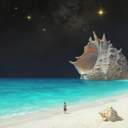 harmony of cyan glowing ocean, white sand beach, giant seashells, golden stars night sky, by wlop, james jean, victo ngai! muted colors, highly detailed, fantasy art by craig mullins, thomas kinkade