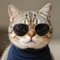 a high detail closeup photograph of a cat wearing a turtleneck and sunglasses