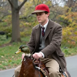 holden caulfield wearing a red hunting hat riding a duck over central park