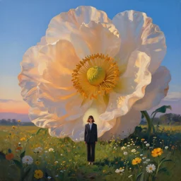 closeup, giant flower head, girl in suit standing in a field of flowers, surreal photography, sunrise, blue sky, dramatic light, impressionist painting, digital painting, artstation, simon stalenhag
