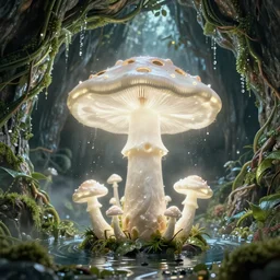gediminas pranckevicius holes everywhere, beautiful and stunning professional digital artwork of a glowing mushroom cave, haze, spores floating in the air, vines, water, volumetric lighting, hyperrealistic, rtx on, ultra detail, barlowe wayne, maxfield parrish and marco mazzoni, miniature | no signature!