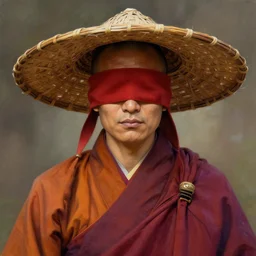 portrait of a blindfolded monk in multicolored robes and a large straw hat, detailed face, highly detailed, cinematic lighting, digital art painting by greg rutkowski