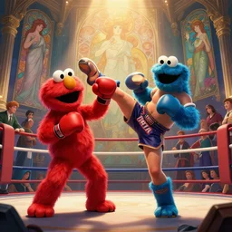 scared elmo and cookie monster muay thai boxing match, high kick, unreal engine, fantasy art by greg rutkowski, loish, rhads, ferdinand knab, makoto shinkai and lois van baarle, ilya kuvshinov, rossdraws, tom bagshaw, alphonse mucha, global illumination, radiant light, detailed and intricate environment, sorry @ sarum lol