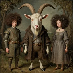 afrofuturism anthropomorphic goat thief by heironymous bosch, cyril rolando and rebecca guay and natalie shau, whimsical, intricate, matte symmetrical portrait. fantasy art. trending on devaintart