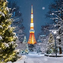 photo of tokyo with many lights and lens flares, snowy winter christmas night