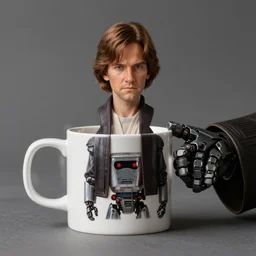 A robot coffee mug replacing Anakin Skywalker's hand, still from star wars,