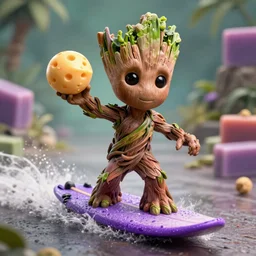 little Groot, riding a surfboard shapes like a bar of purple soap, ball of cheese in left hand, cinematic angle, poster style