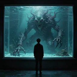a person standing in front of a window in a aquarium, inside the water is an eldritch monster. concept art by jason a. engle, trending on artstation, context art, lovecraftian, cosmic horror, concept art.