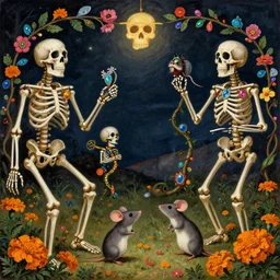 skeletons, flowers, mice, beetles, marigolds, jewels, and vines celebrating cinco de mayo at night by willem claesz. heda