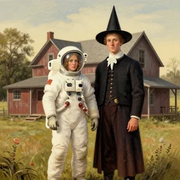 an astronaut couple in American Gothic style, farm house, 8k, digital art, drawn by j.c. leyendecker, amazing quality