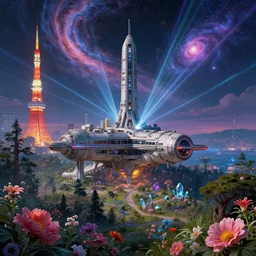 a beautiful detailed highly detailed nature urbex spaceport by winslow homer, san andreas wilderness myst retro at night synthwave laser at spring fantasy dramatic lighting solar wind tokyo at dawn cosmic crystal matte painting flowers universe sea elysian, archdaily, wallpaper, highly detailed, trending on artstation.