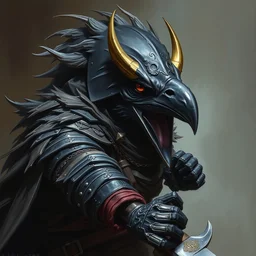 dnd kenku person. epic dungeons and dragons armored raven character. oil on canvas featured by keith parkinson 1 9 8 5. cinematic, fighting composition. realistic facial features and expression.