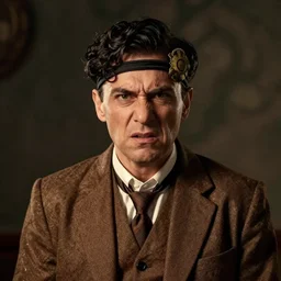 Portrait of a man in his 40s with a stern yet panicked look dressed in a 1920s attire. He seems mentally unstable. 4K, dramatic lighting