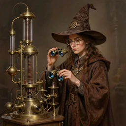 a female wizard operating a random pointlessly elaborate intricate contraption pneumatic machine portrait, wearing brown hoodie robe, binoculars glasses, wizard hat, fine art, award winning, brown colour scheme, intricate, elegant, sharp focus, octane render, hyperrealistic, wizard hat cinematic lighting, highly detailed, digital painting, 8 k concept art, art by jamie hewlett and z. w. gu, masterpiece, trending on artstation, 8 k