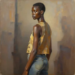 portrait, ethnic, realistic face sculpted features, thin and statuesque model, facing away looking back, urban outfit with jacket with rows of buckles, jeans, warm glow, radiant, bathed in light, chiaroscuro, specular highlights, angular impressionism, natural color scheme, earthy tones, modern fashion, contemporary art, gestural oil on canvas