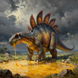 a nacho stegosaurus, nachosaurus, pond of nacho cheese, painting by james gurney
