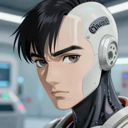 Cinestill 800t, 8K, highly detailed, syd mead seinen manga 3/4 extreme closeup portrait, eye contact, focus on blade runner replicant model, tilt shift zaha hadid style anime background: famous syd mead anime remake, indoor lab scene