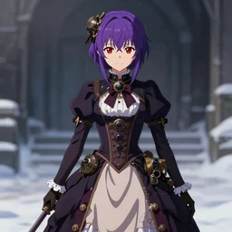 wearing full clothing in full clothing victorian dress, beautiful anime woman, purple hair, red eyes, weapon, steampunk, symmetrical face, symmetrical eyes, full round face, short smile, detailed, winter setting, cinematic lighting, medium shot, mid - shot, makoto shinkai, artgerm, ilya kuvshinov, loish